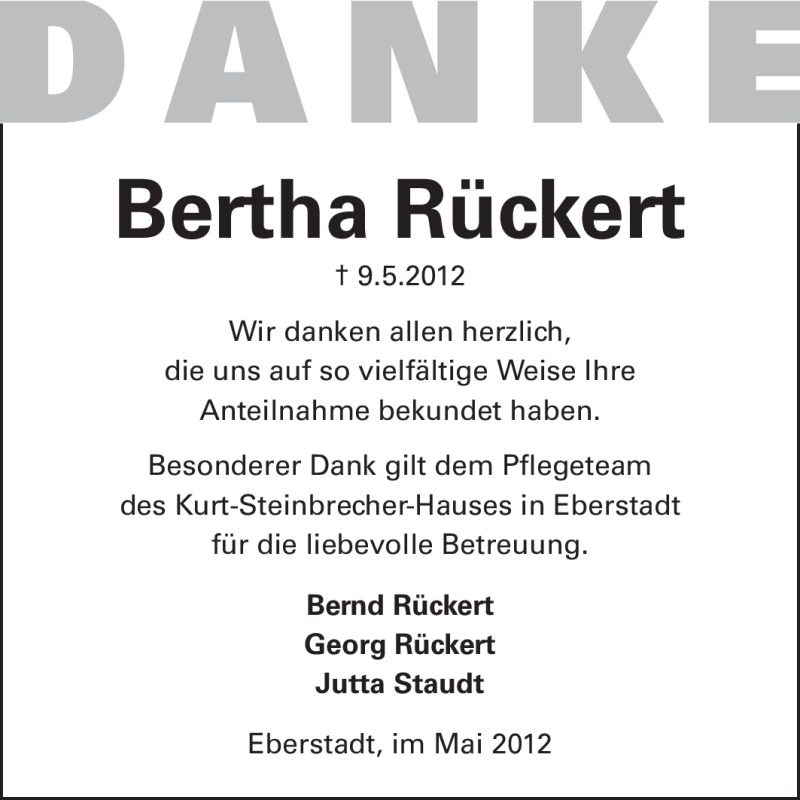 Traueranzeige für Bertha Rückert vom 26.05.2012 aus Echo-Zeitungen (Gesamtausgabe)