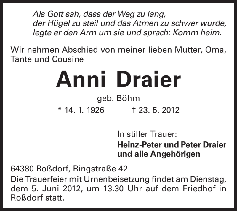  Traueranzeige für Anni Draier vom 01.06.2012 aus Echo-Zeitungen (Gesamtausgabe)