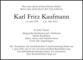 Traueranzeige von Karl Fritz Kaufmann von Odenwälder Echo