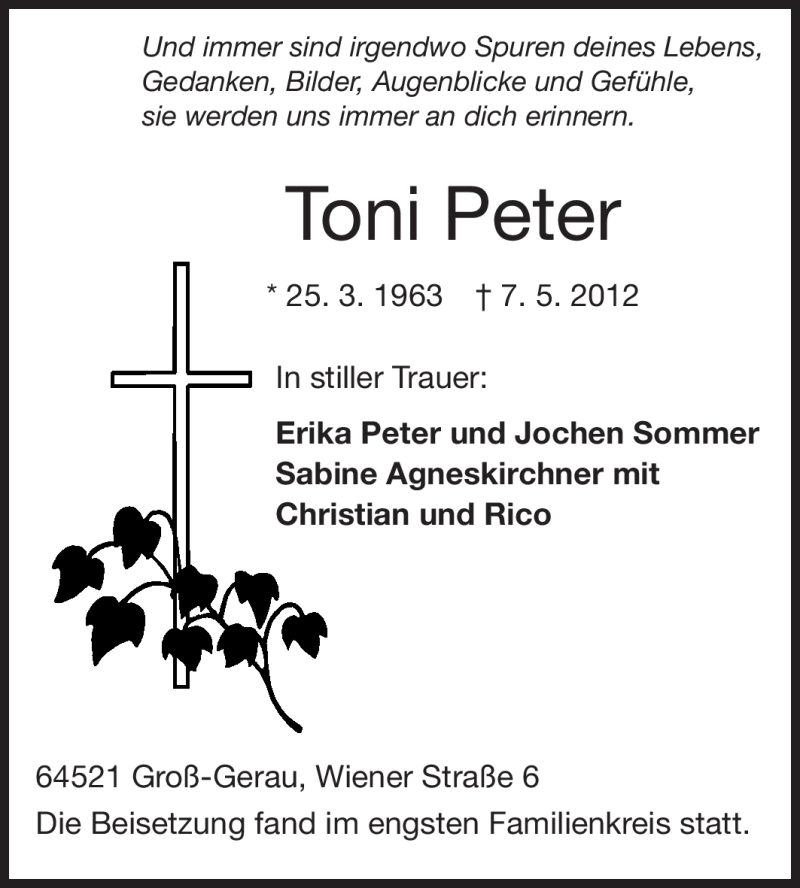  Traueranzeige für Toni Peter vom 01.06.2012 aus Rüsselsheimer Echo, Groß-Gerauer-Echo, Ried Echo