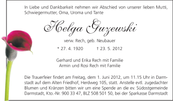 Traueranzeige von Helga Guzewski von Echo-Zeitungen (Gesamtausgabe)