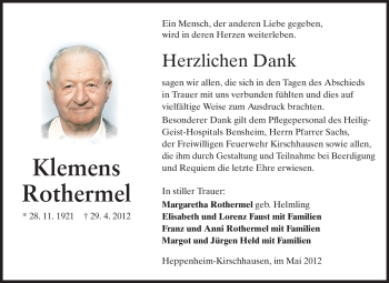 Traueranzeige von Klemens Rothermel von Starkenburger Echo