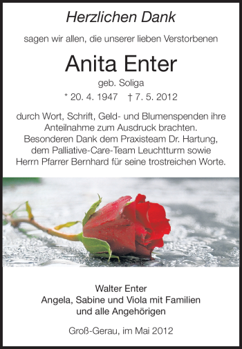 Traueranzeige von Anita Enter von Rüsselsheimer Echo, Groß-Gerauer-Echo, Ried Echo