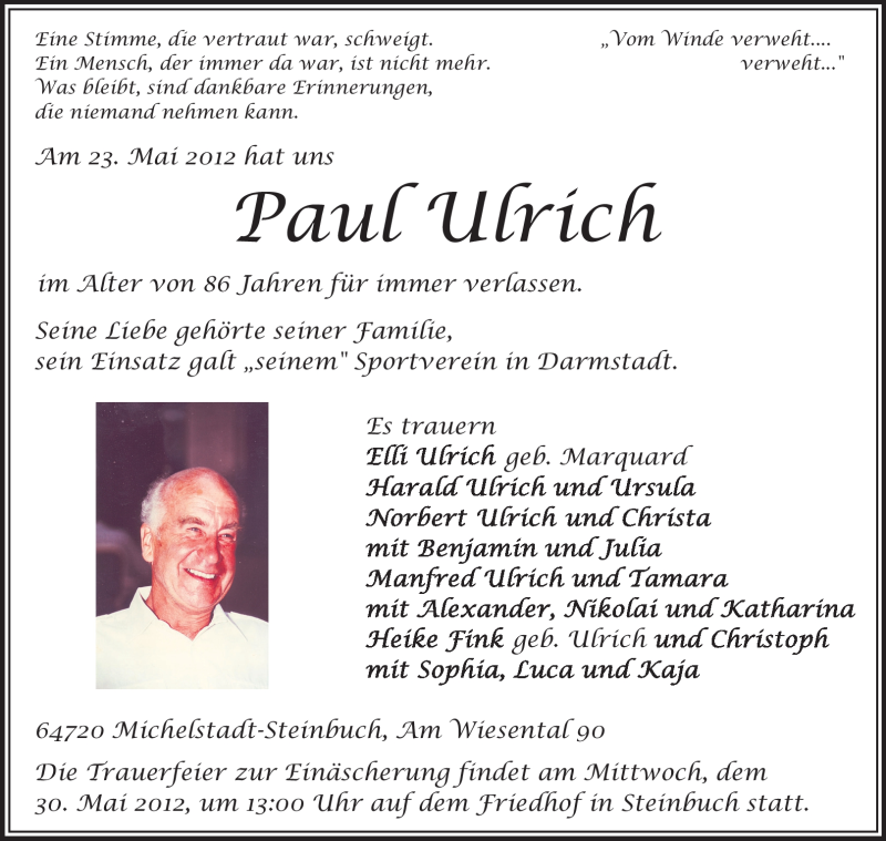  Traueranzeige für Paul Ulrich vom 26.05.2012 aus Echo-Zeitungen (Gesamtausgabe)