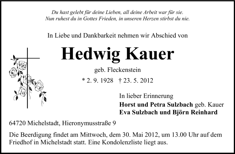  Traueranzeige für Hedwig Kauer vom 26.05.2012 aus Odenwälder Echo