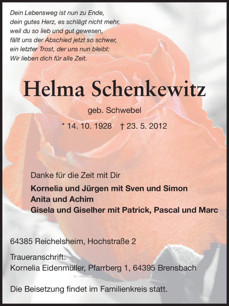  Traueranzeige für Helma Schenkewitz vom 02.06.2012 aus Echo-Zeitungen (Gesamtausgabe)
