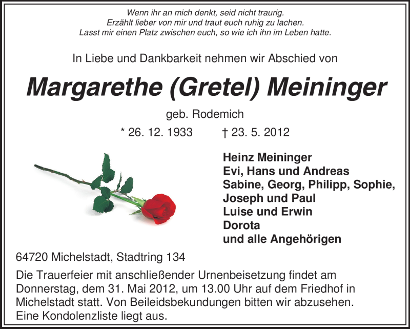 Traueranzeige für Margarethe Meininger vom 26.05.2012 aus Odenwälder Echo