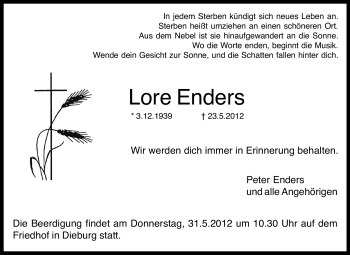 Traueranzeige von Lore Enders von Echo-Zeitungen (Gesamtausgabe)