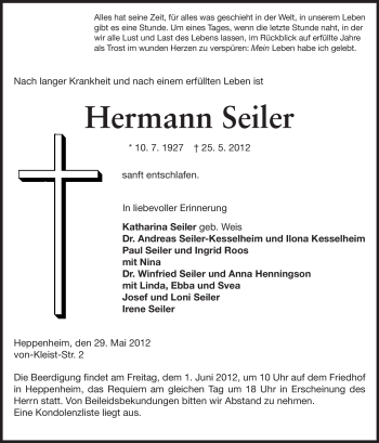 Traueranzeige von Hermann Seiler von Starkenburger Echo