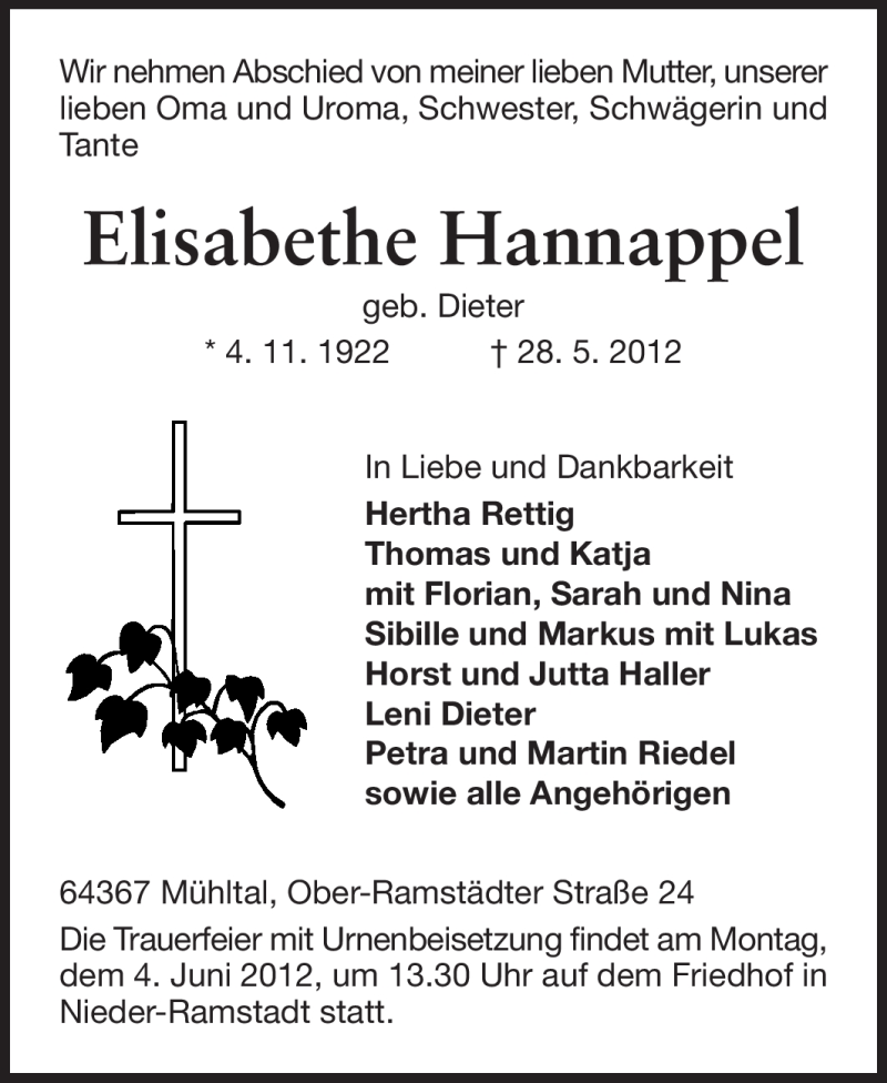 Traueranzeige für Elisabethe Hannappel vom 30.05.2012 aus Echo-Zeitungen (Gesamtausgabe)