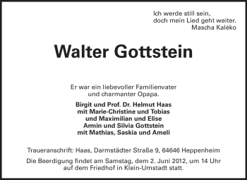 Traueranzeige von Walter Gottstein von Echo-Zeitungen (Gesamtausgabe)