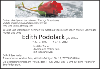 Traueranzeige von Edith Podolack von Odenwälder Echo