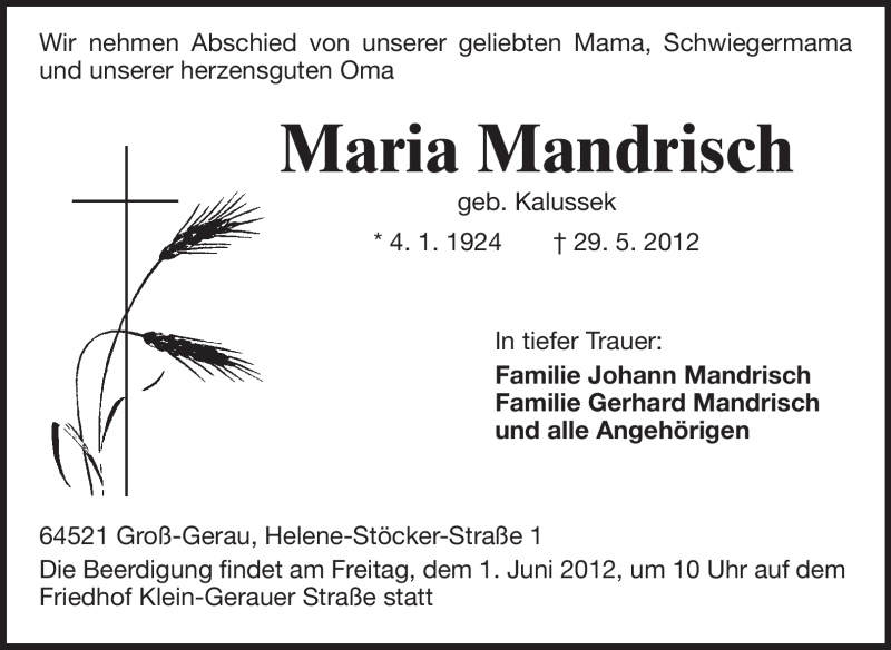  Traueranzeige für Maria Mandrisch vom 31.05.2012 aus Rüsselsheimer Echo, Groß-Gerauer-Echo, Ried Echo
