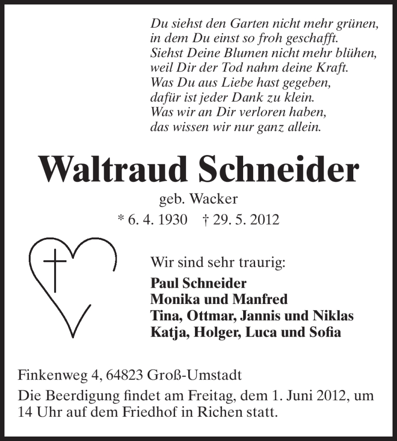  Traueranzeige für Waltraud Schneider vom 31.05.2012 aus Echo-Zeitungen (Gesamtausgabe)