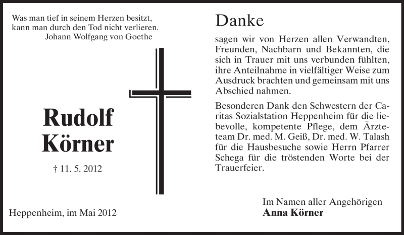  Traueranzeige für Rudolf Körner vom 31.05.2012 aus Starkenburger Echo