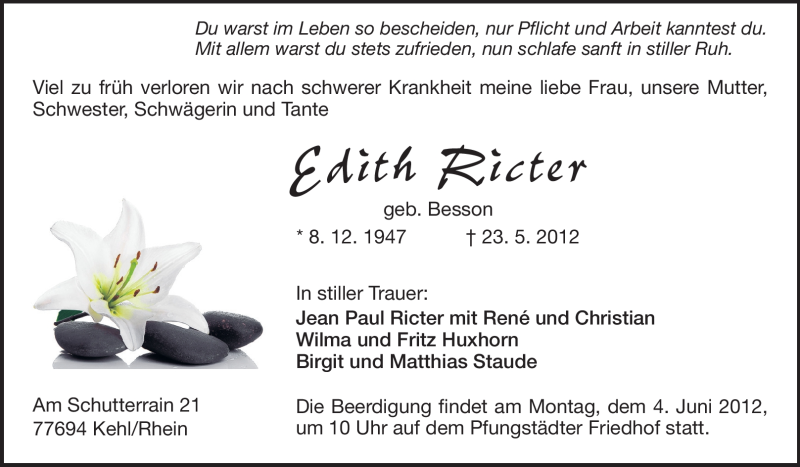  Traueranzeige für Edith Ricter vom 31.05.2012 aus Echo-Zeitungen (Gesamtausgabe)