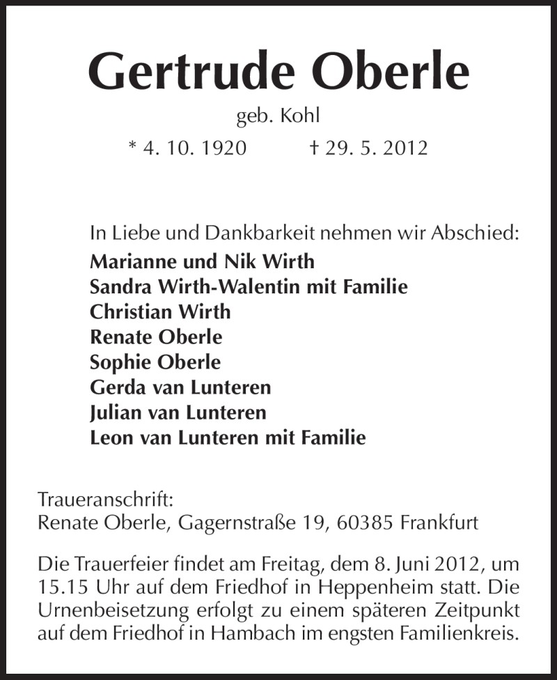  Traueranzeige für Gertrude Oberle vom 04.06.2012 aus Starkenburger Echo