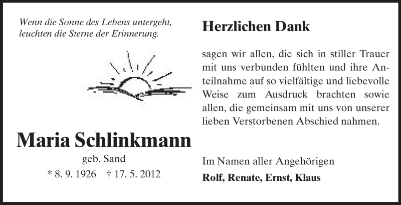  Traueranzeige für Maria Schlinkmann vom 02.06.2012 aus Echo-Zeitungen (Gesamtausgabe)