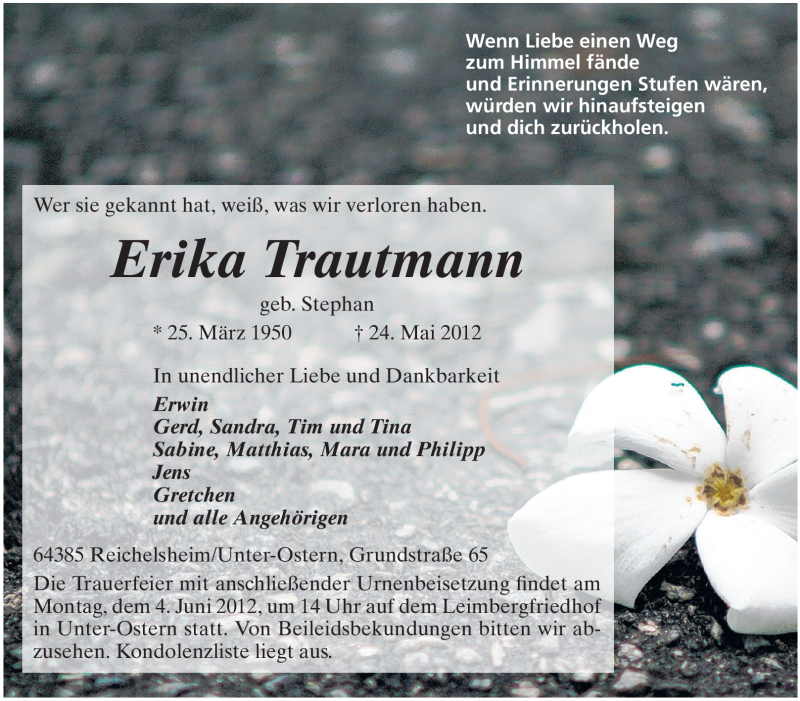  Traueranzeige für Erika Trautmann vom 02.06.2012 aus Odenwälder Echo