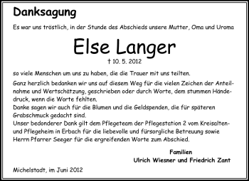 Traueranzeige von Else Langer von Odenwälder Echo