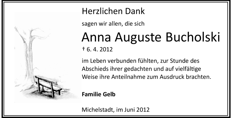  Traueranzeige für Anna Auguste Bucholski  vom 02.06.2012 aus Odenwälder Echo
