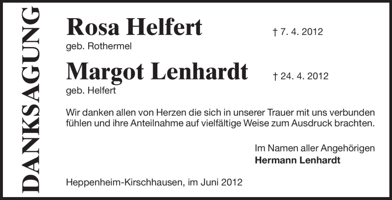  Traueranzeige für Rosa und Margot Helfert und Lenhardt vom 02.06.2012 aus Starkenburger Echo