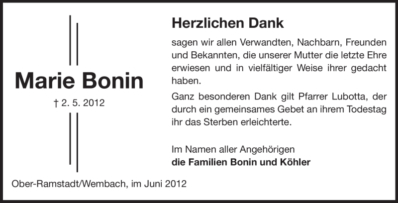  Traueranzeige für Marie Bonin vom 02.06.2012 aus Echo-Zeitungen (Gesamtausgabe)