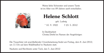 Traueranzeige von Helene Schlott von Rüsselsheimer Echo, Groß-Gerauer-Echo, Ried Echo