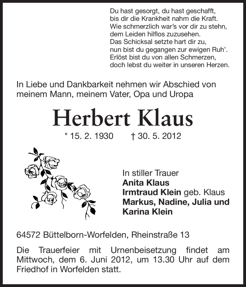  Traueranzeige für Herbert Klaus vom 04.06.2012 aus Rüsselsheimer Echo, Groß-Gerauer-Echo, Ried Echo