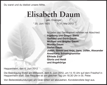 Traueranzeige von Elisabeth Daum von Starkenburger Echo