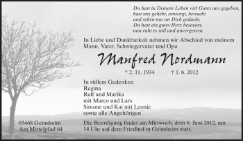 Traueranzeige von Manfred Nordmann von Rüsselsheimer Echo, Groß-Gerauer-Echo, Ried Echo