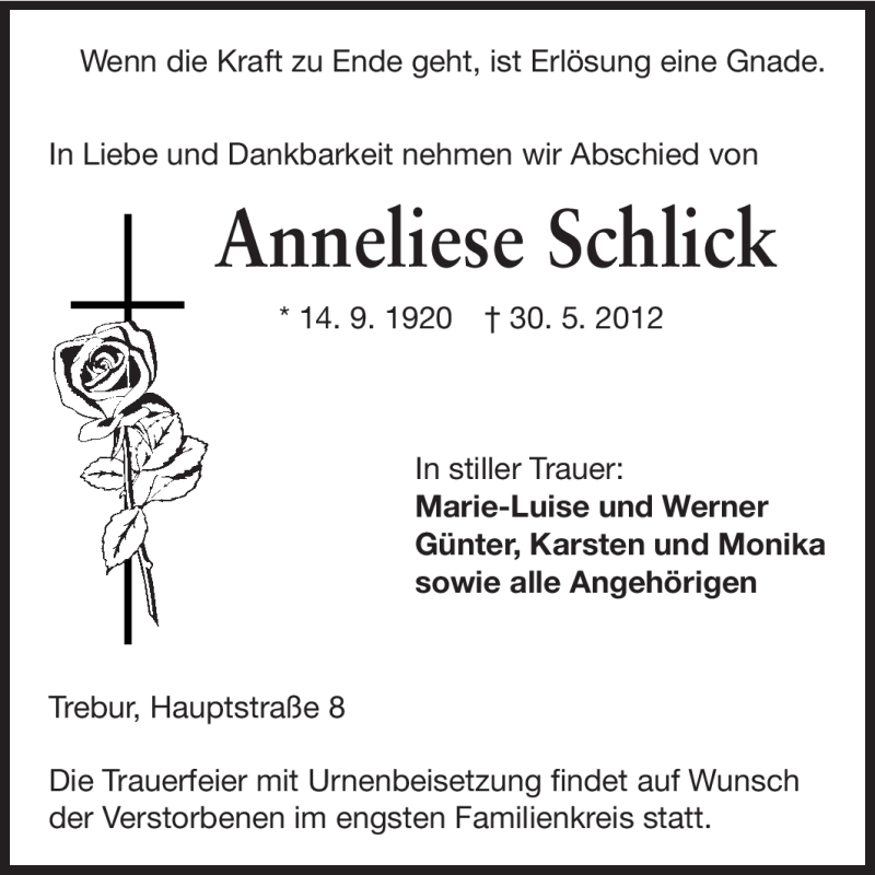  Traueranzeige für Anneliese Schlick vom 04.06.2012 aus Rüsselsheimer Echo, Groß-Gerauer-Echo, Ried Echo