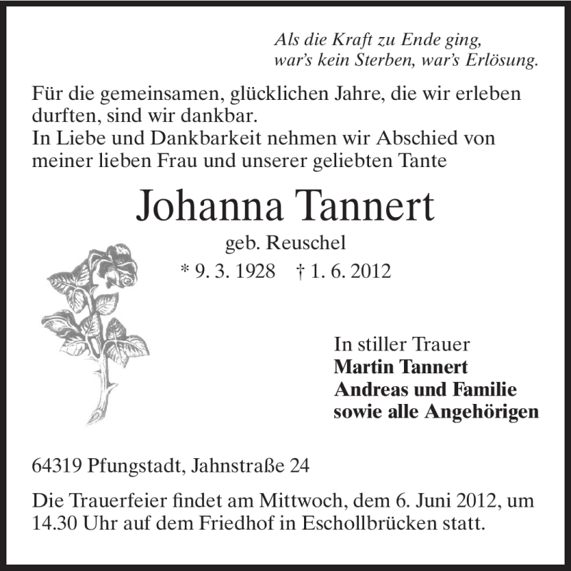  Traueranzeige für Johanna Tannert vom 04.06.2012 aus Echo-Zeitungen (Gesamtausgabe)