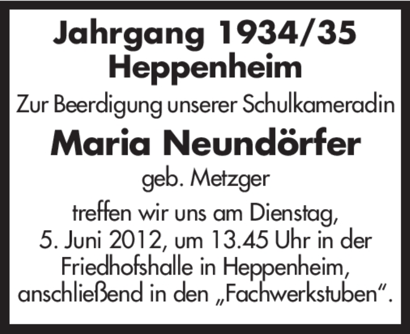  Traueranzeige für Maria Neundörfer vom 04.06.2012 aus Starkenburger Echo