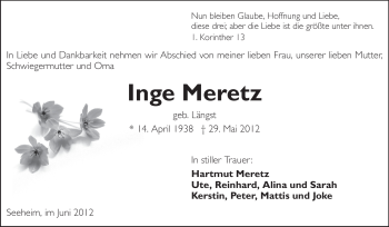 Traueranzeige von Inge Meretz von Echo-Zeitungen (Gesamtausgabe)