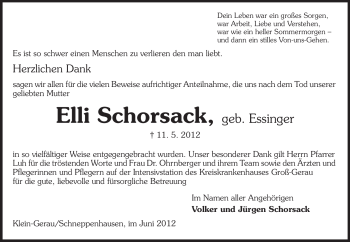 Traueranzeige von Elli Schorsack von Echo-Zeitungen (Gesamtausgabe)