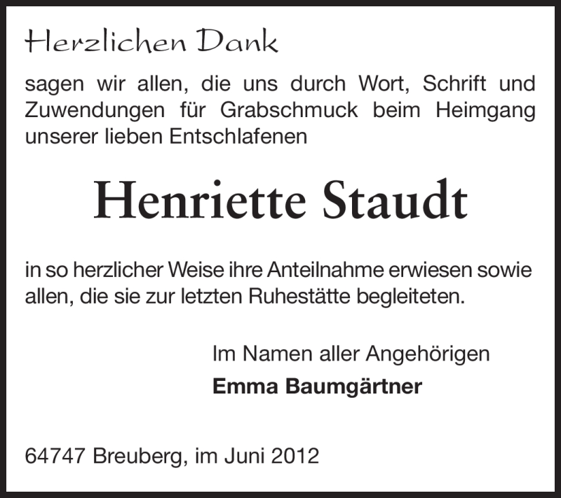 Traueranzeige für Henriette Staudt vom 09.06.2012 aus Odenwälder Echo