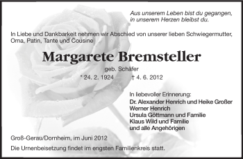 Traueranzeige von Margarete Bremsteller von Rüsselsheimer Echo, Groß-Gerauer-Echo, Ried Echo