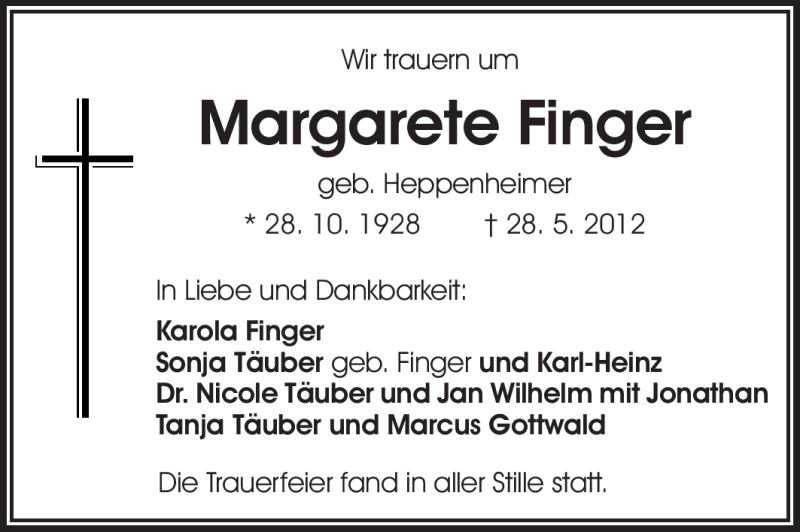  Traueranzeige für Margarete Finger vom 09.06.2012 aus Darmstädter Echo, Odenwälder Echo, Rüsselsheimer Echo, Groß-Gerauer-Echo, Ried Echo