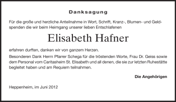 Traueranzeige von Elisabeth Hafner von Starkenburger Echo