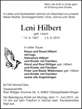 Traueranzeige von Leni Hilbert von Odenwälder Echo