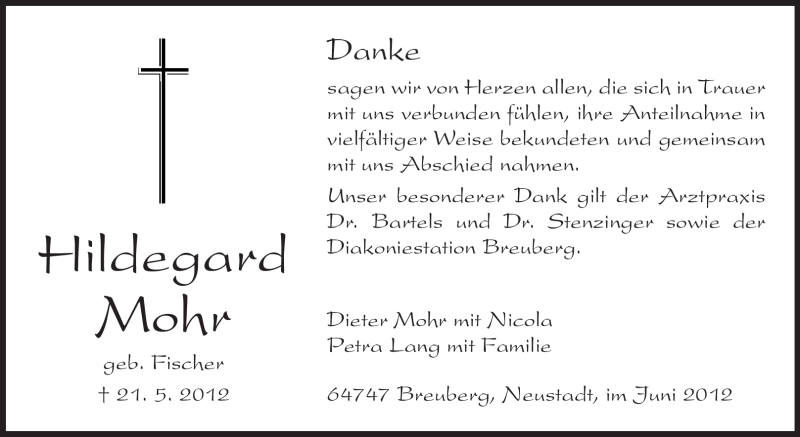  Traueranzeige für Hildegard Mohr vom 09.06.2012 aus Odenwälder Echo