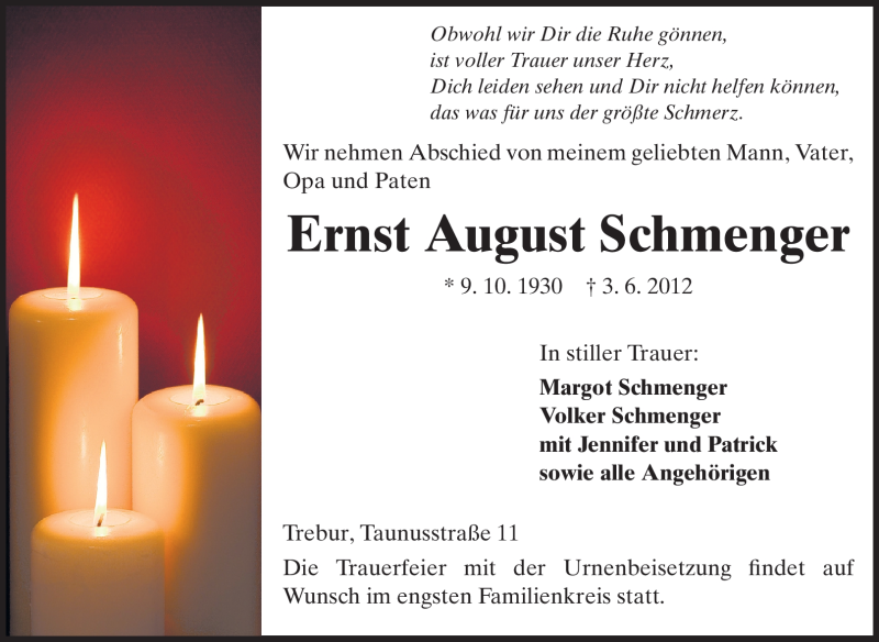  Traueranzeige für Ernst August Schmenger vom 08.06.2012 aus Rüsselsheimer Echo, Groß-Gerauer-Echo, Ried Echo
