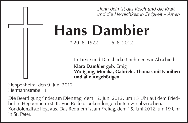  Traueranzeige für Hans Dambier vom 09.06.2012 aus Starkenburger Echo