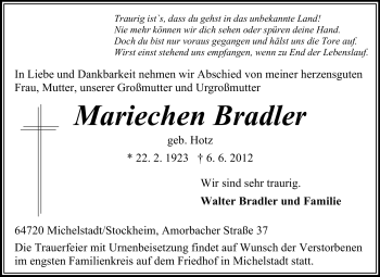 Traueranzeige von Mariechen Bradler von Odenwälder Echo