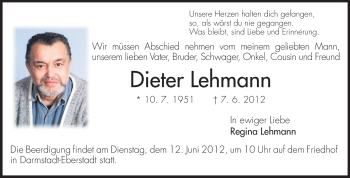 Traueranzeige von Dieter Lehmann von Echo-Zeitungen (Gesamtausgabe)