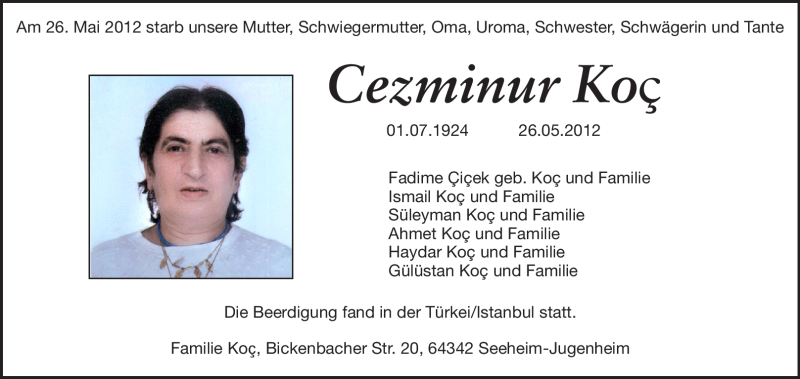  Traueranzeige für Cezminur Koc vom 16.06.2012 aus Echo-Zeitungen (Gesamtausgabe)