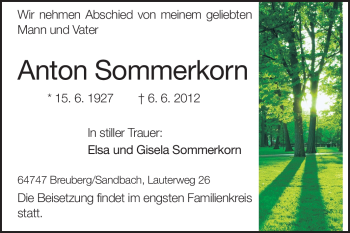 Traueranzeige von Anton Sommerkorn von Odenwälder Echo