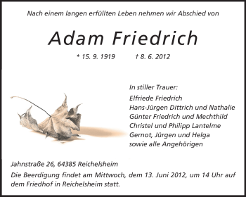 Traueranzeige von Adam Friedrich von Odenwälder Echo