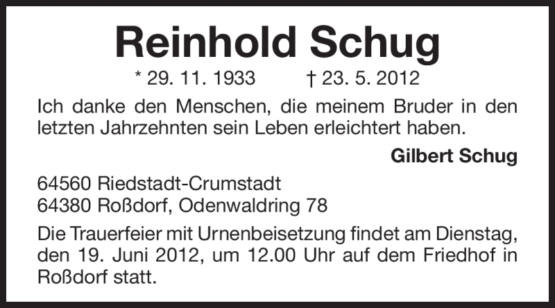  Traueranzeige für Reinhold Schug vom 12.06.2012 aus Echo-Zeitungen (Gesamtausgabe)